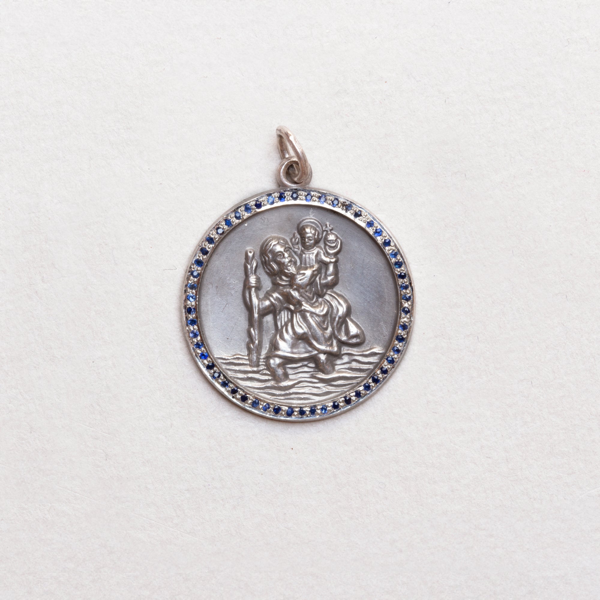 Vintage Sterling Silver St. Christopher Charm Pendant with Sapphires
