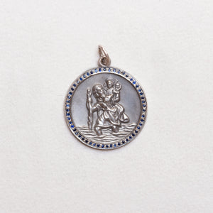Vintage Sterling Silver St. Christopher Charm Pendant with Sapphires