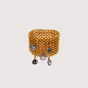 Vintage Gold Mesh Ring with Gemstone Drops