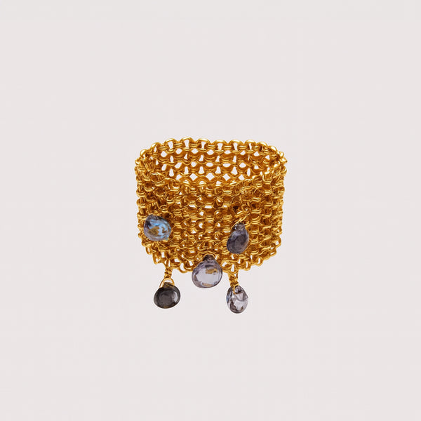 Vintage Gold Mesh Ring with Gemstone Drops - felt
