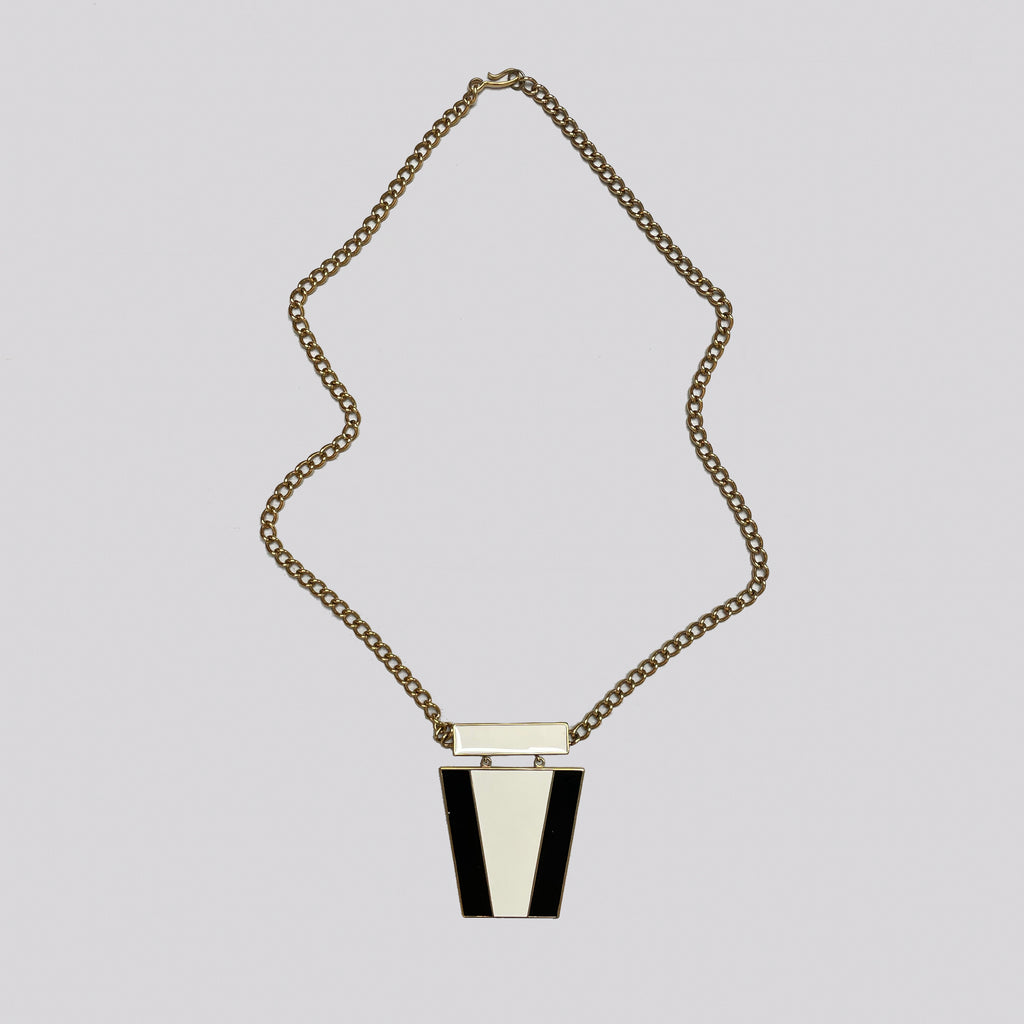 Vintage Monochrome Enamel Pendant Necklace with Gold Chain
