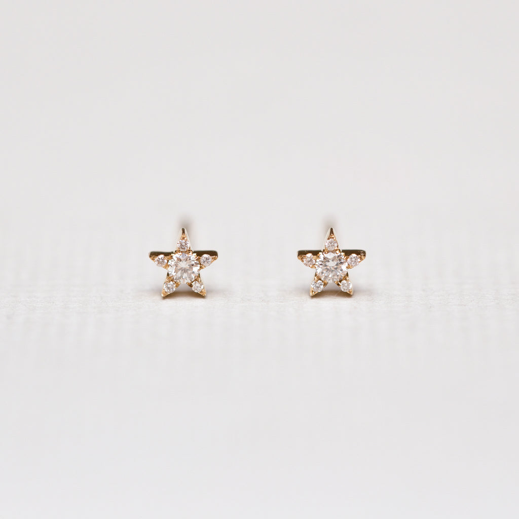 Yellow Gold Star Stud Earrings with Diamonds