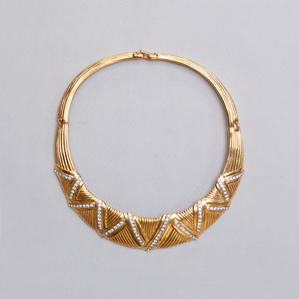 Vintage Lanvin Textured Gold Choker Necklace with Rhinestones