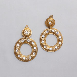 Vintage Textured Gold Clip-on Earrings with Rhinestones