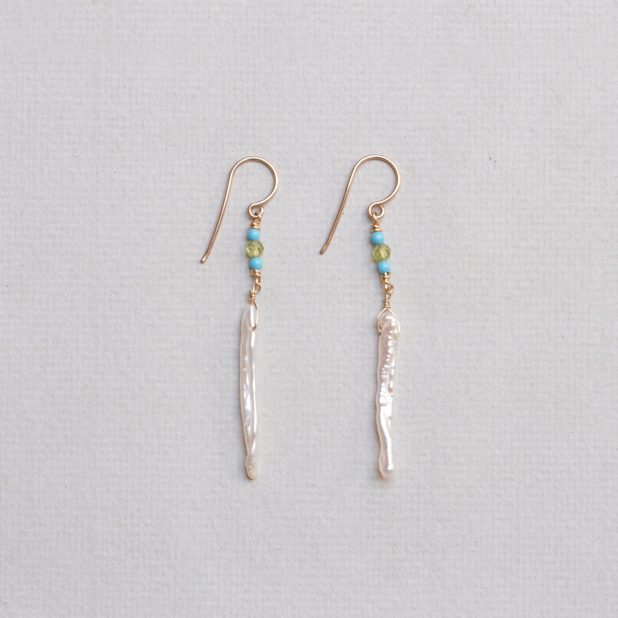 Peridot, Turquoise & Stick Pearls Drop Earrings