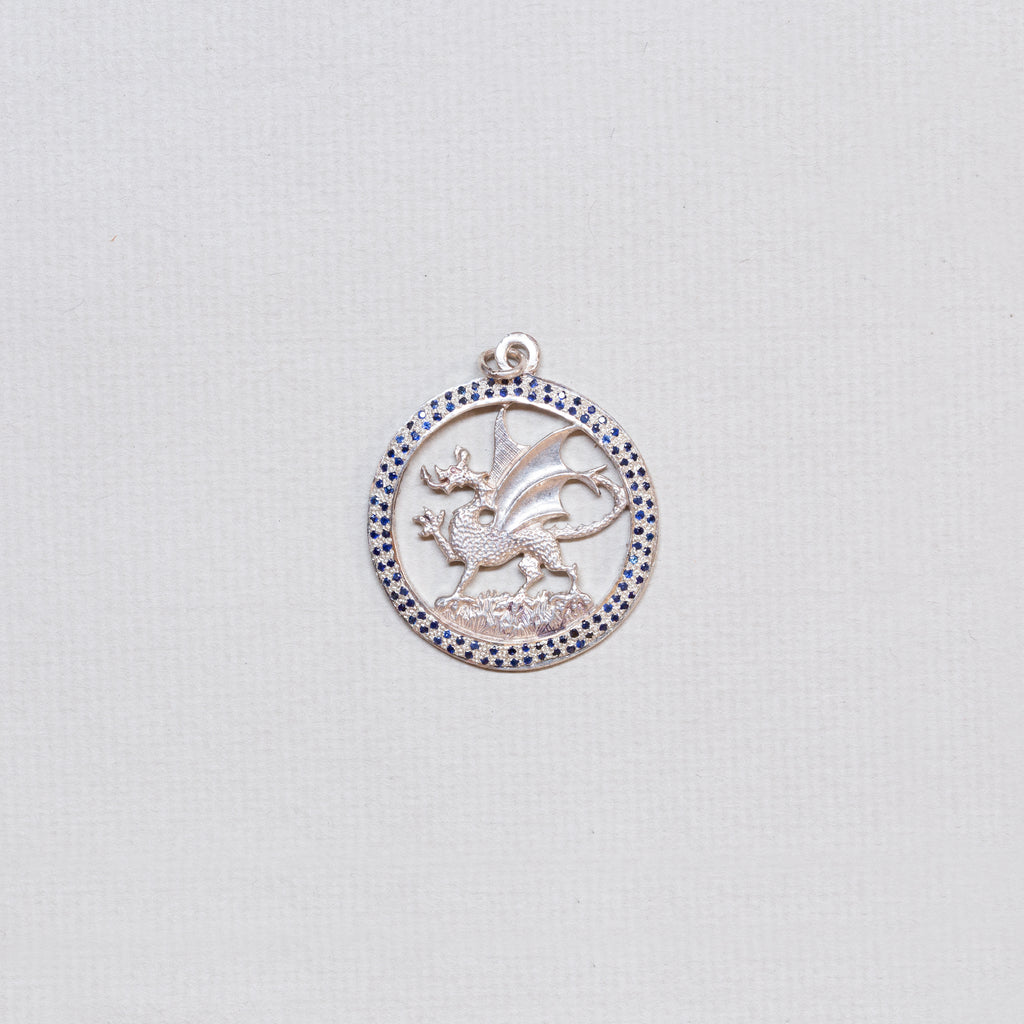 Vintage Sterling Silver Dragon Charm Pendant with Sapphires