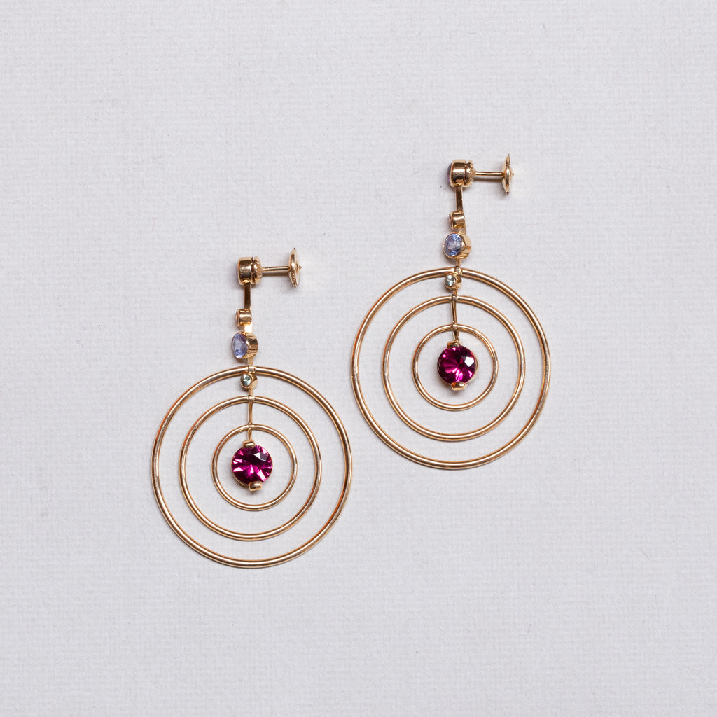 18ct Gold Drop Studs with Amethyst, Tourmaline and Garnet