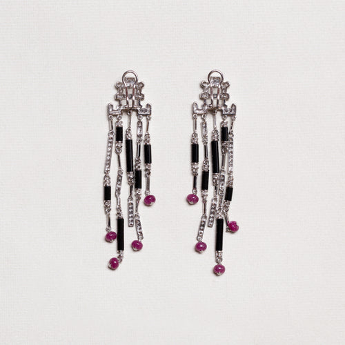 Art Deco Style Diamond, Onyx & Ruby Drop Earrings
