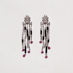 Art Deco Style Diamond, Onyx & Ruby Drop Earrings