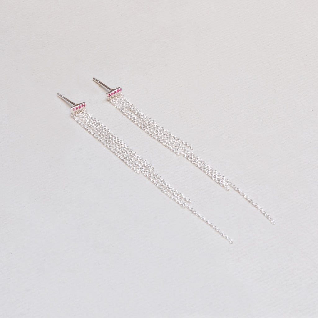 Sterling Silver Tassel Stud Earrings with Garnet