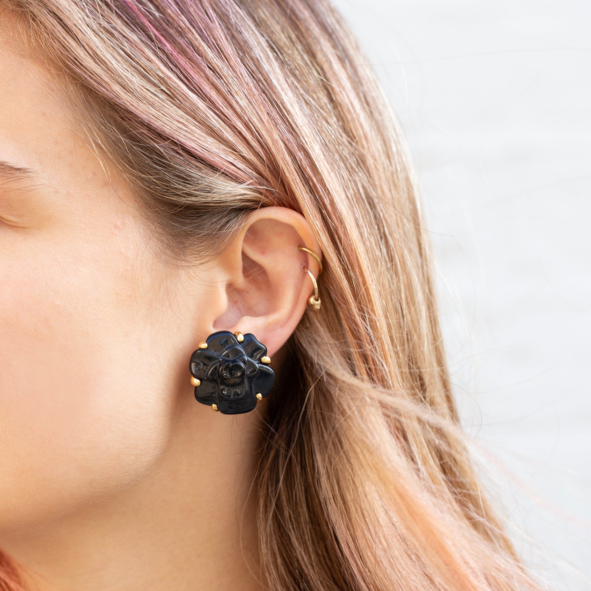black chanel flower earrings