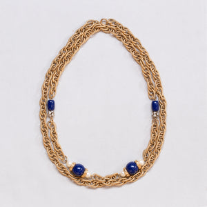 Vintage Givenchy Long Gold Chain Necklace with Faux Pearls and Blue Beads