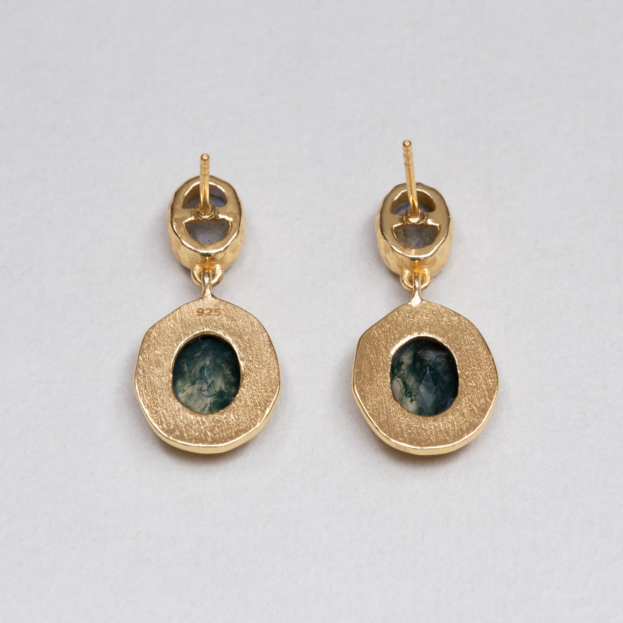 Gold Labradorite and Moss Agate Drop Stud Earrings
