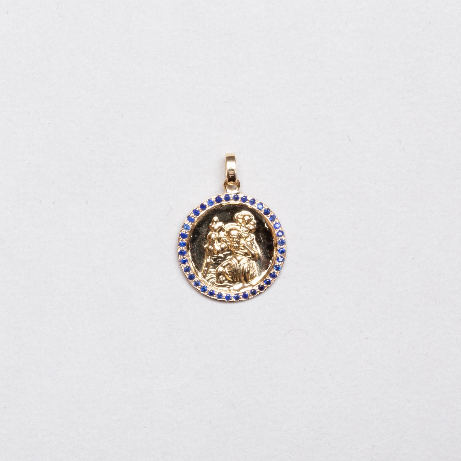18ct Gold St. Christopher Pendant Charm with Blue Sapphire