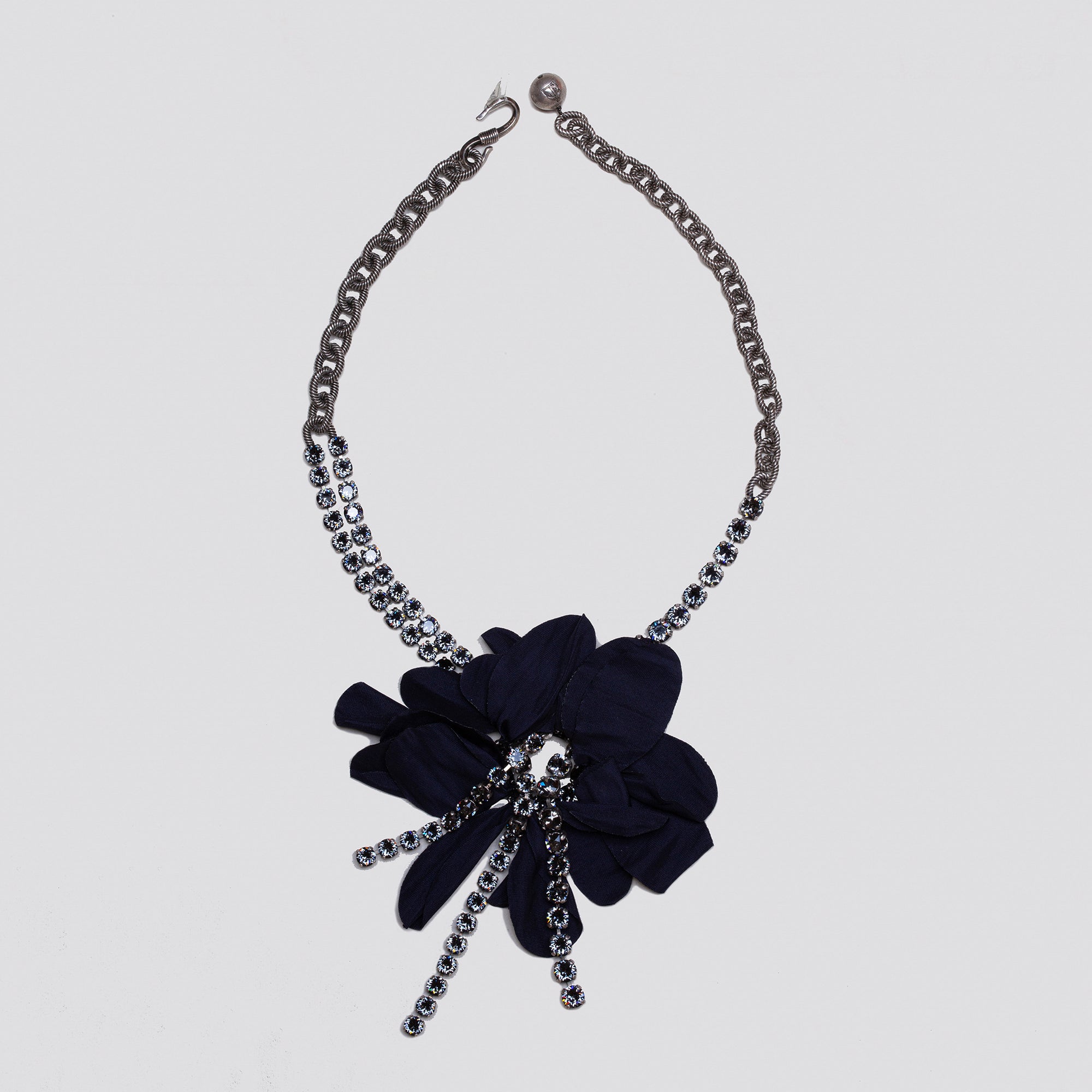 Vintage Lanvin Fabric Flower Chain Necklace with Crystals