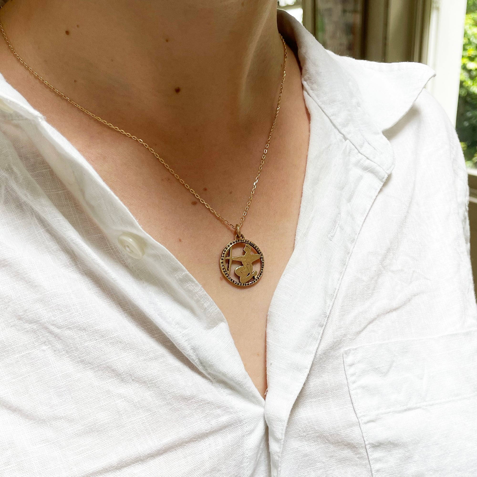 Vintage Sagittarius Charm Pendant with Black Diamonds