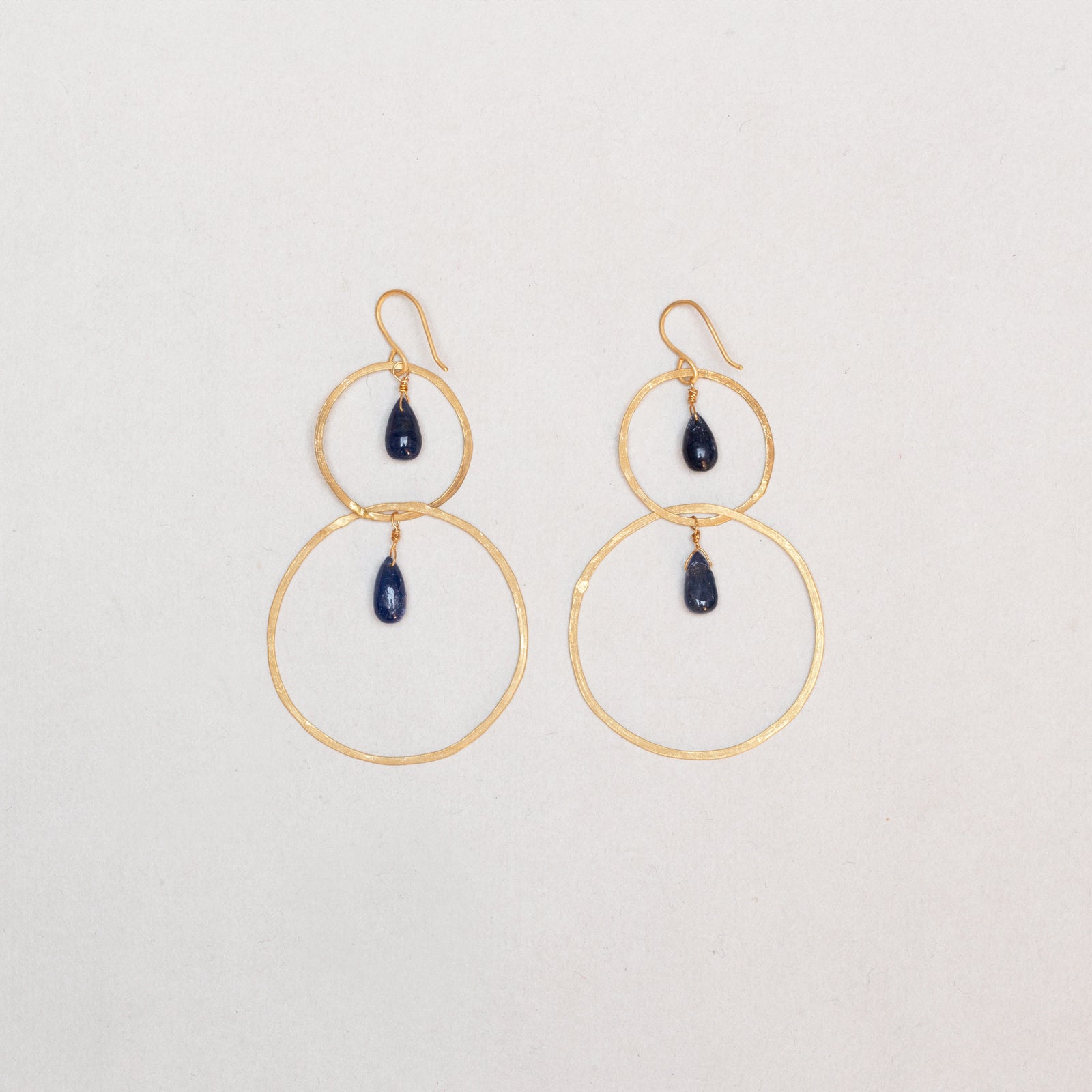 14ct Gold Double Hoop Drop Earrings with Lapis Lazuli