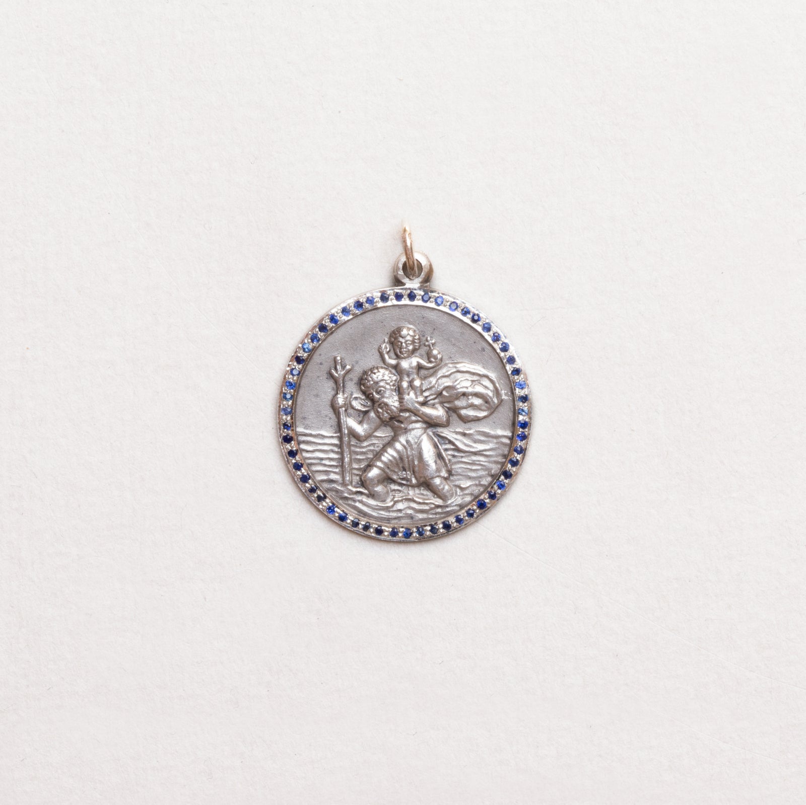 Vintage Sterling Silver St. Christopher Charm Pendant with Sapphires