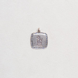 Vintage Sterling Silver St. Christopher Square Charm Pendant with Sapphires