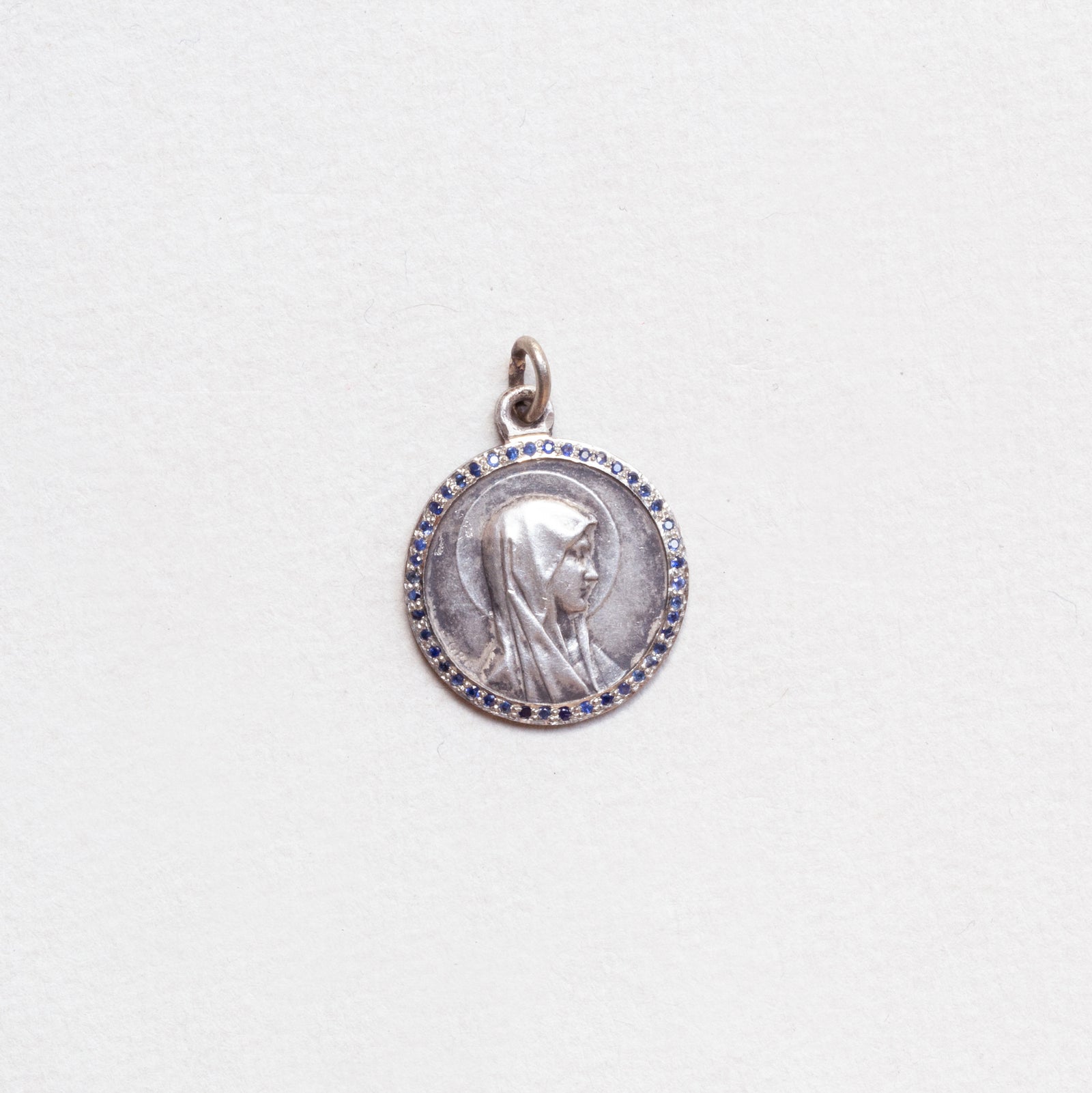 Vintage Sterling Silver Madonna Charm Pendant with Sapphires