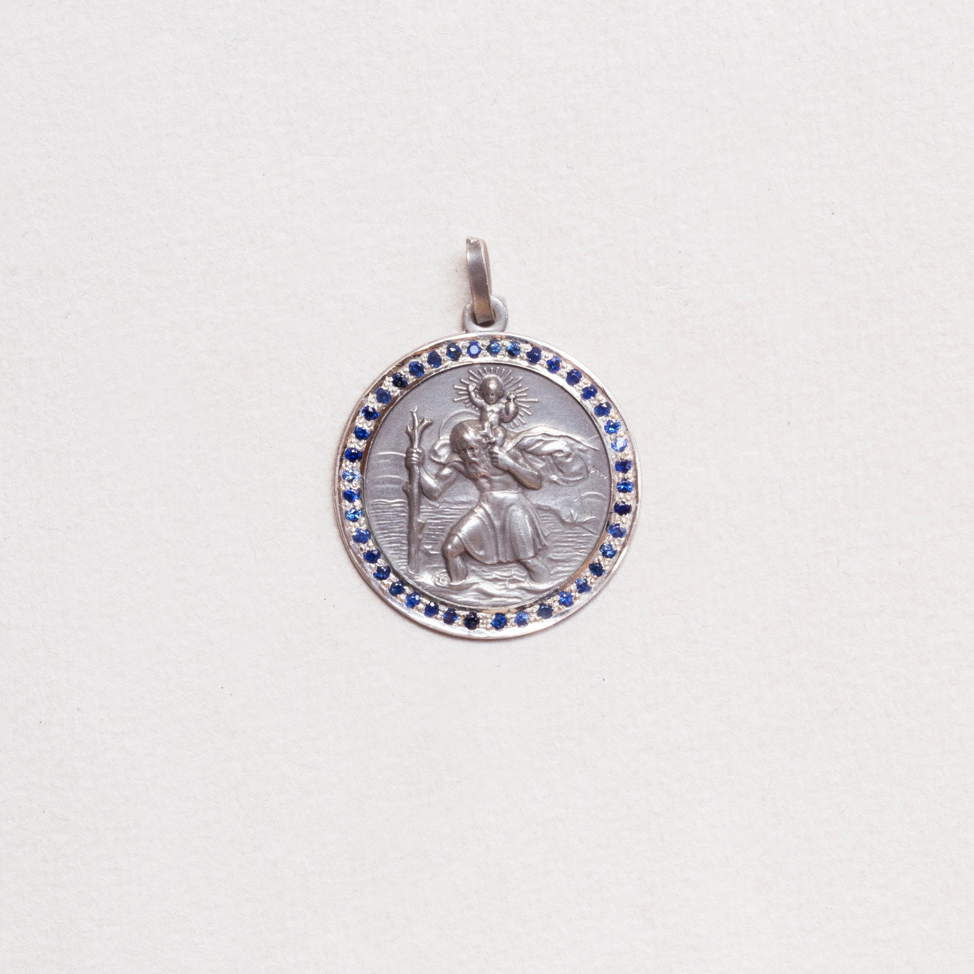 Vintage Sterling Silver St. Christopher Charm Pendant with Sapphires