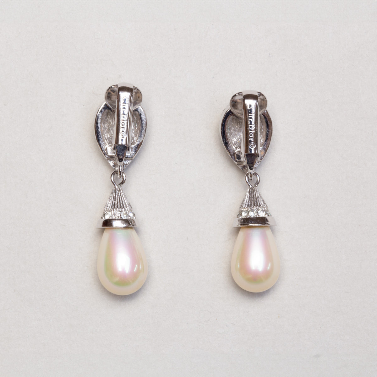 Vintage Christian Dior Faux Pearl and Chrystal Clip-on Drop Earrings