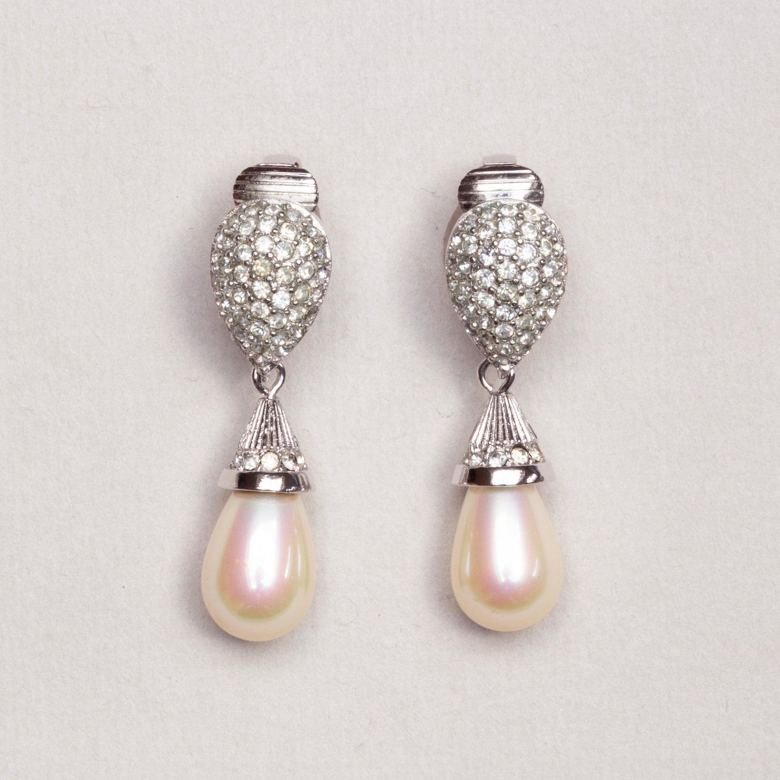Vintage Christian Dior Faux Pearl and Chrystal Clip-on Drop Earrings