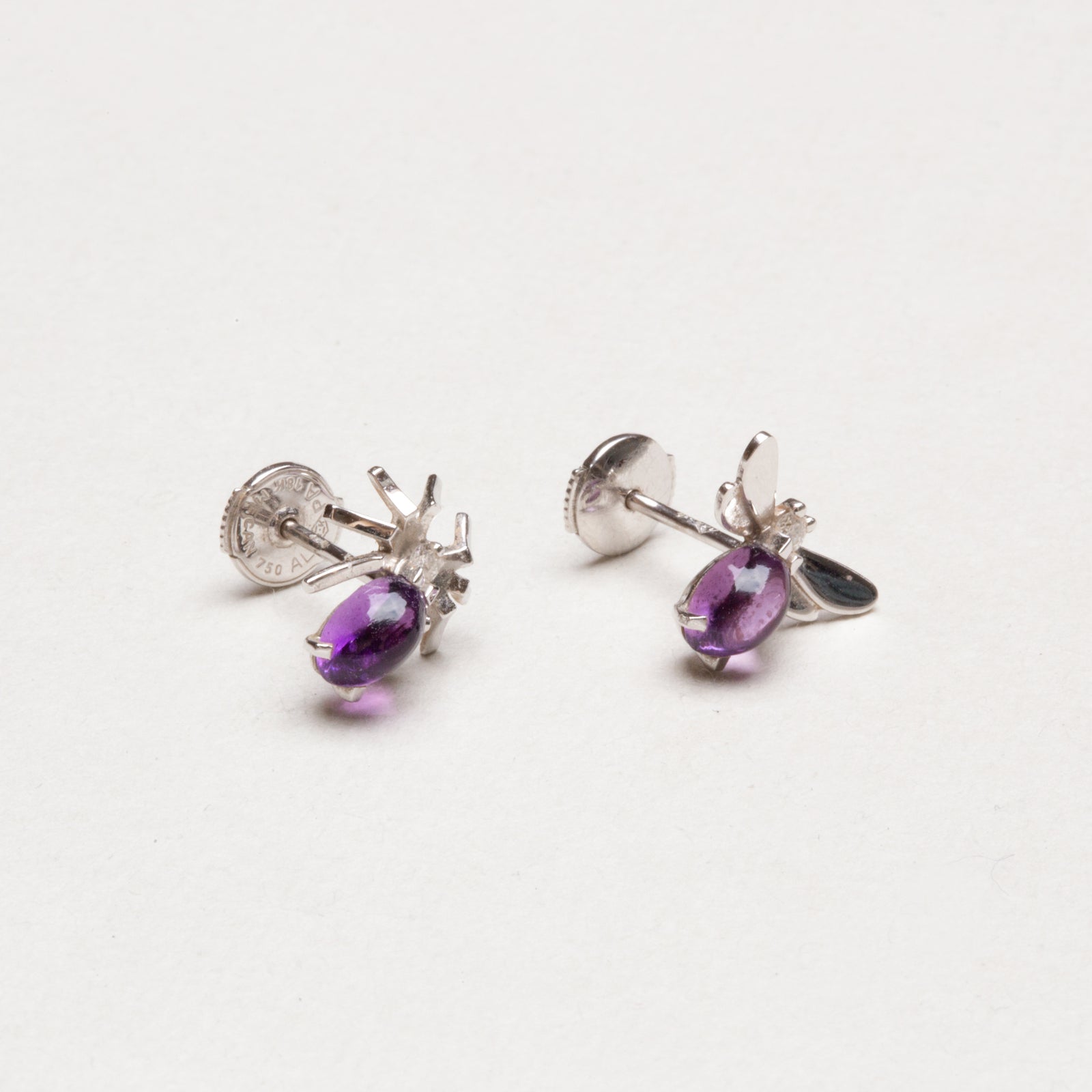 Vintage Chaumet White Gold Stud Earrings with Diamond and Amethyst