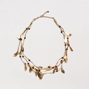 Vintage Monet Layered Brass Leaf Necklace with Brown Beads