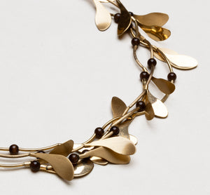 Vintage Monet Layered Brass Leaf Necklace with Brown Beads