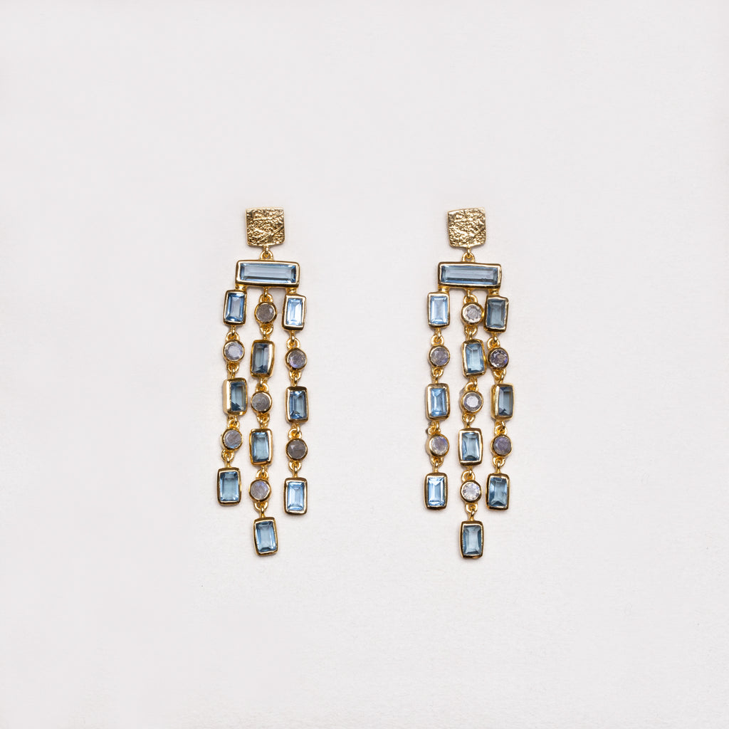 Triple Row Chandelier Earrings with Kyanite and Labradorite