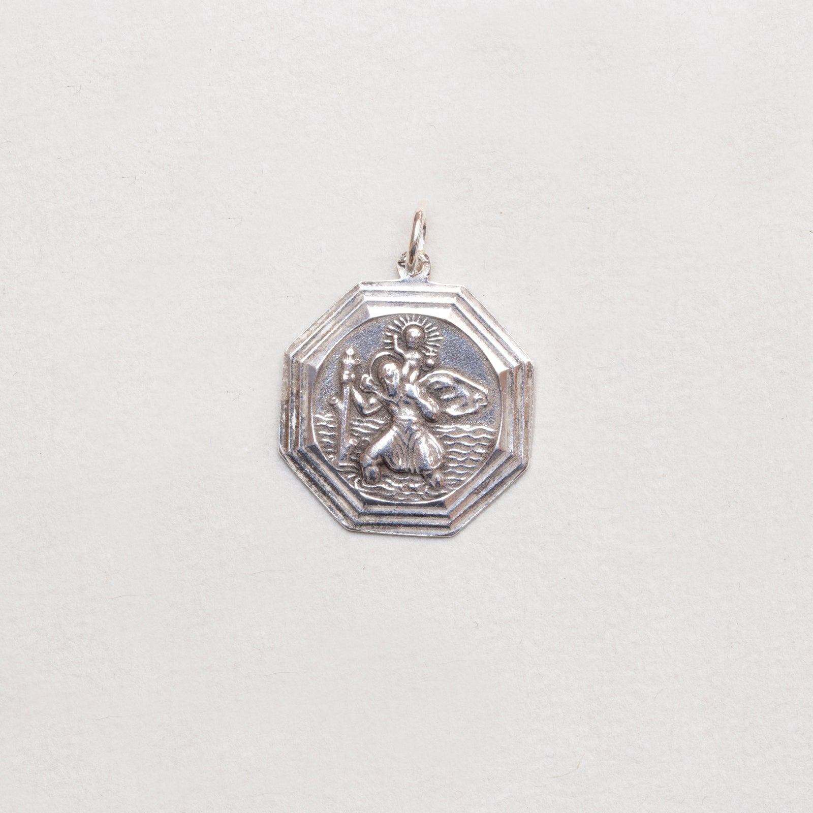 Rare Vintage Sterling Silver St. Christopher Octagonal Charm Pendant
