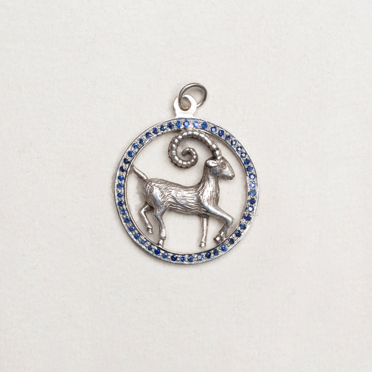 Vintage Silver Aries Pendant Charm with Sapphires