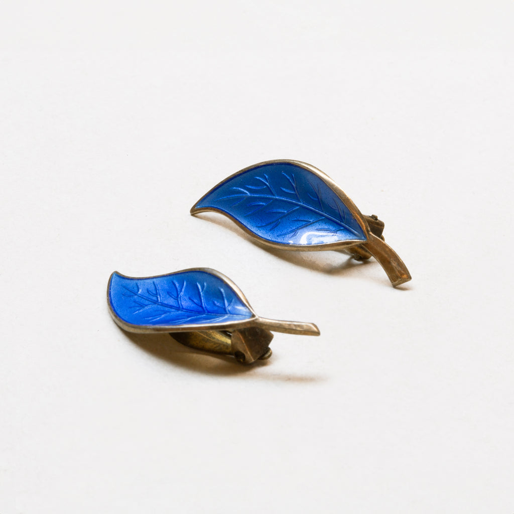 Vintage Givenchy Blue Enamel Leaf Clip-On Earrings
