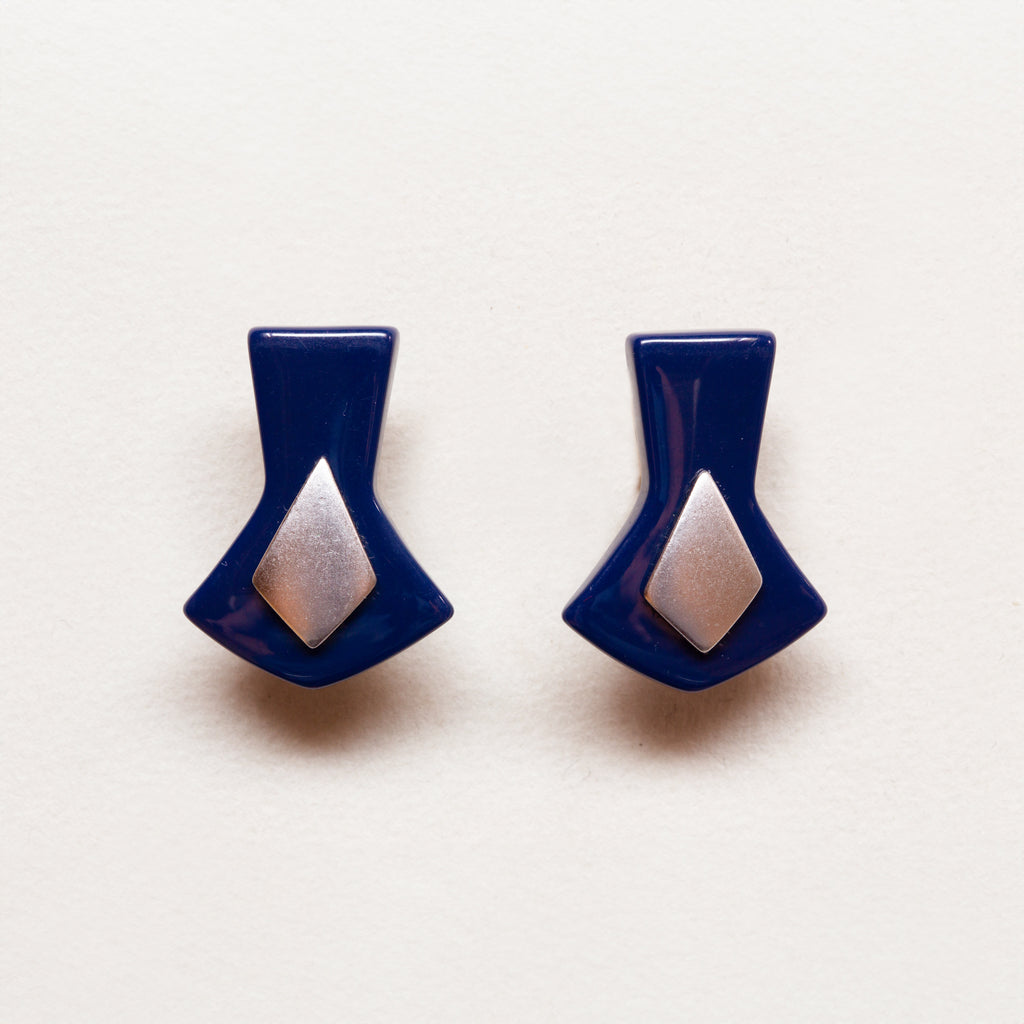 Vintage YSL Dark Navy and Silver Geometric Earrings