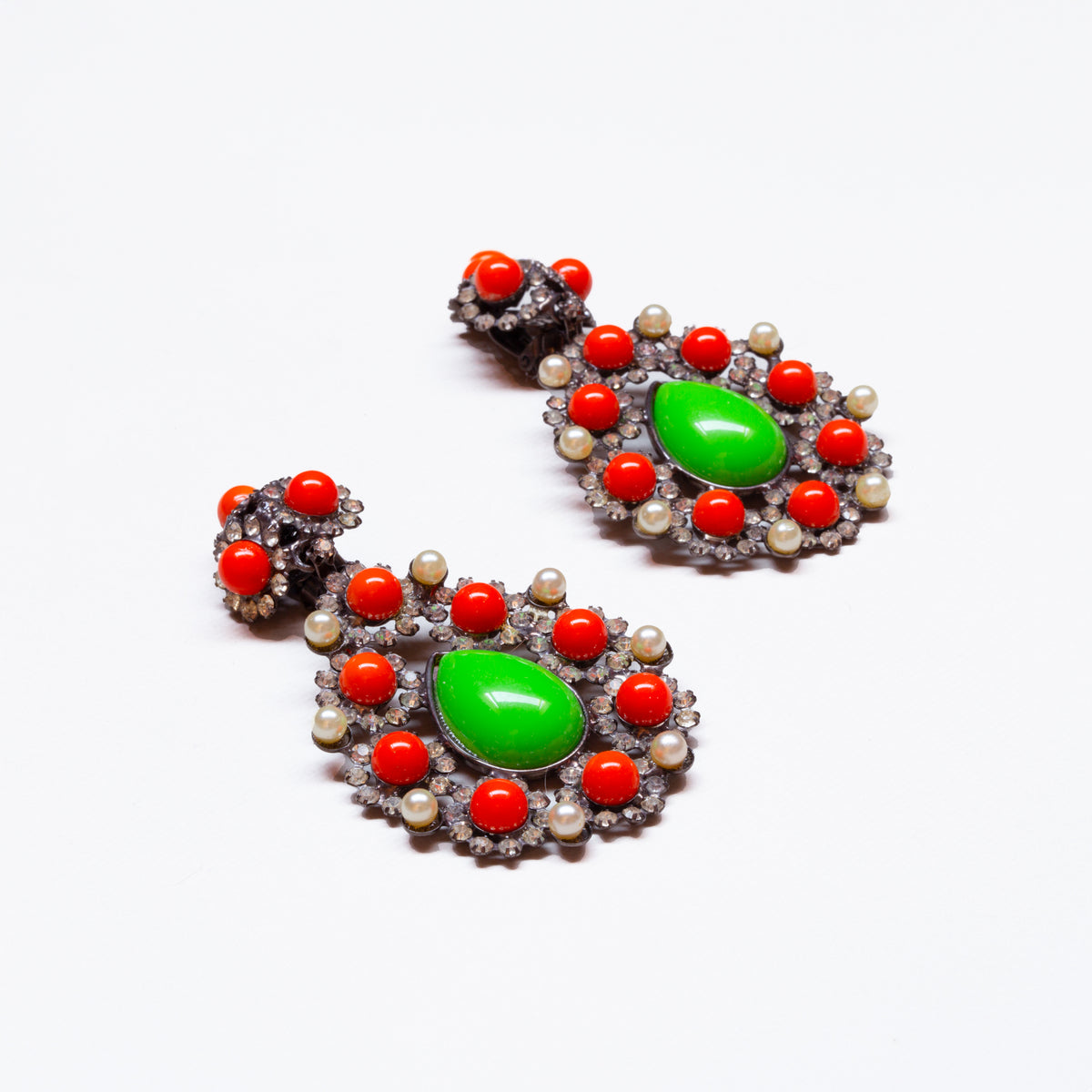 Vintage Lawrence Vrba Crystal, Faux Pearls & Cabochon Drop Earrings