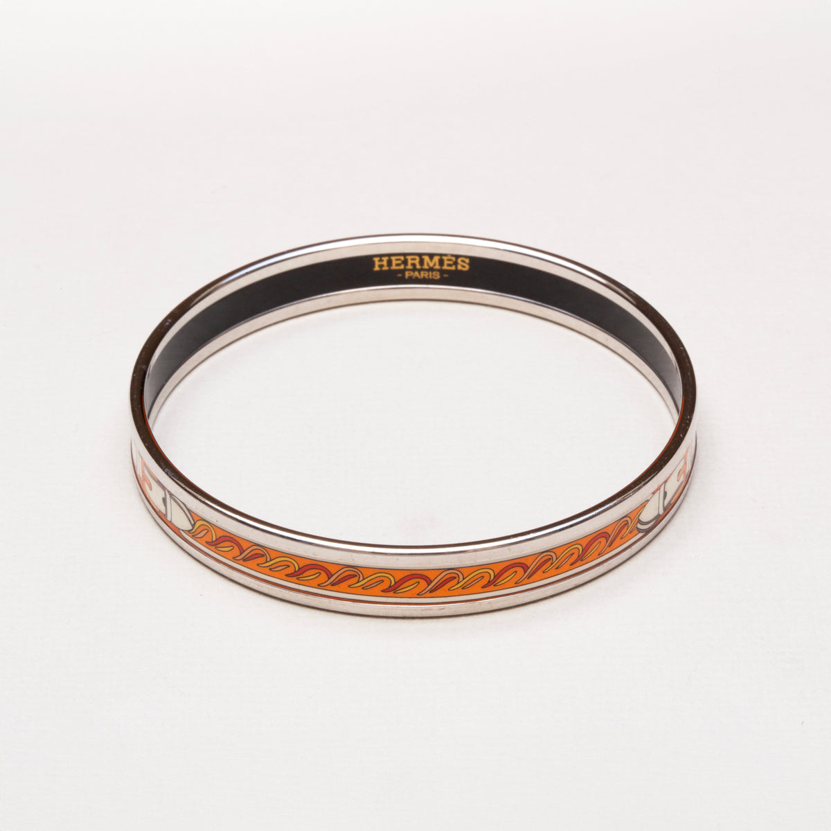 Vintage Hermès Orange & Cream Equestrian Enamel Bangle Bracelet