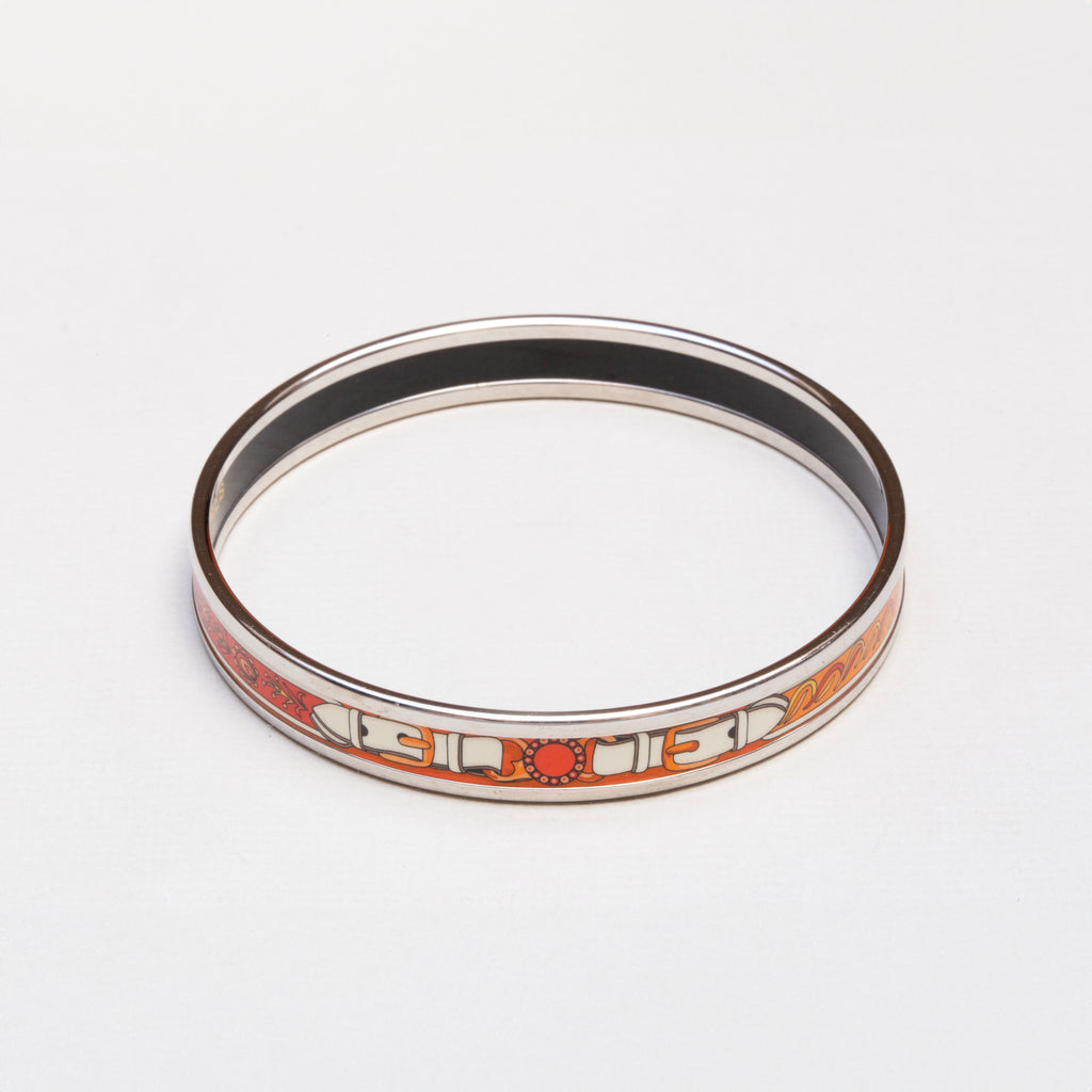 Vintage Hermès Orange & Cream Equestrian Enamel Bangle Bracelet