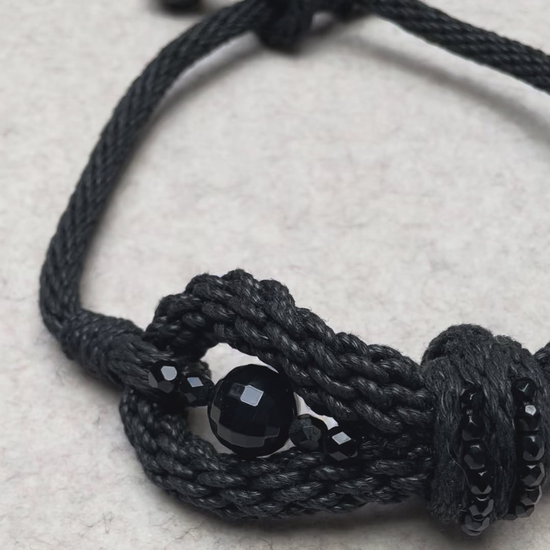 Vintage YSL Black Braided Cord Necklace with Faceted Beads