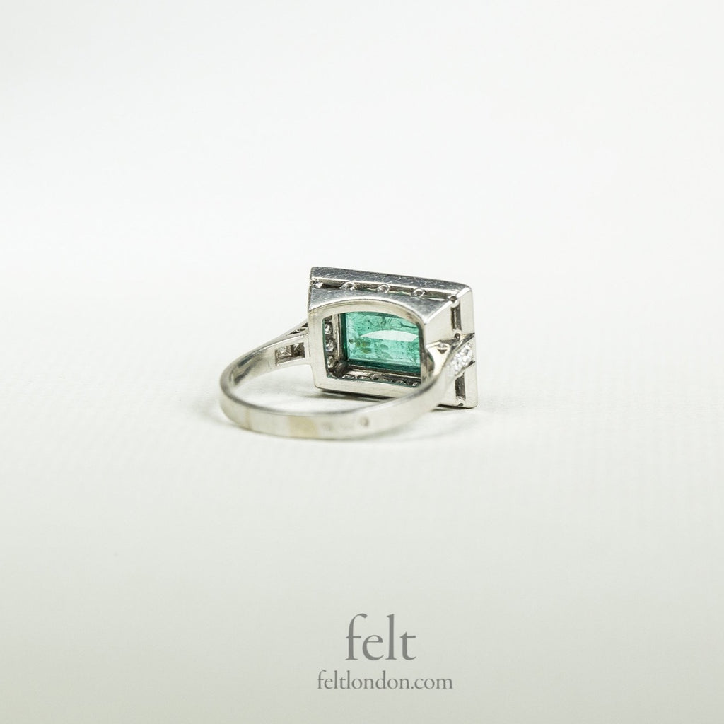 Platinum, Diamond and Emerald Rectangular Antique Ring.
