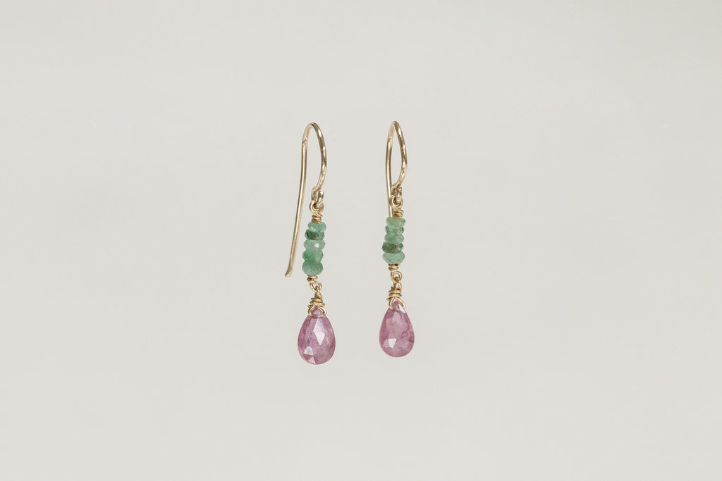 these emerald and pink sapphire drop earrings are handmade by Claire herself and available at feltlondon.com