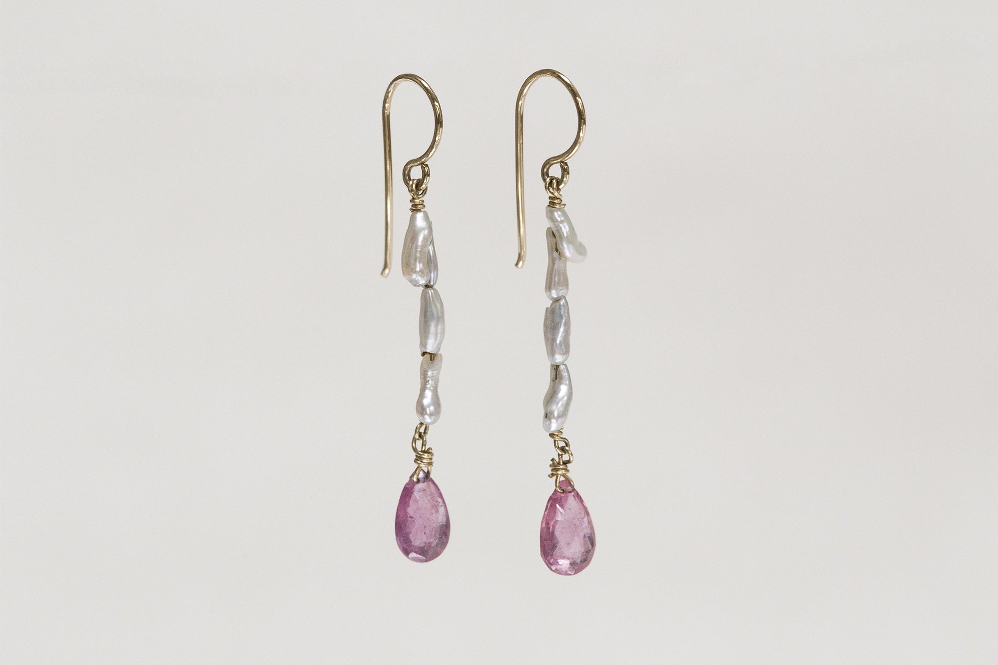 Claire van Holthe pink sapphire briolette and keshi pearls 9 carat gold drop earrings