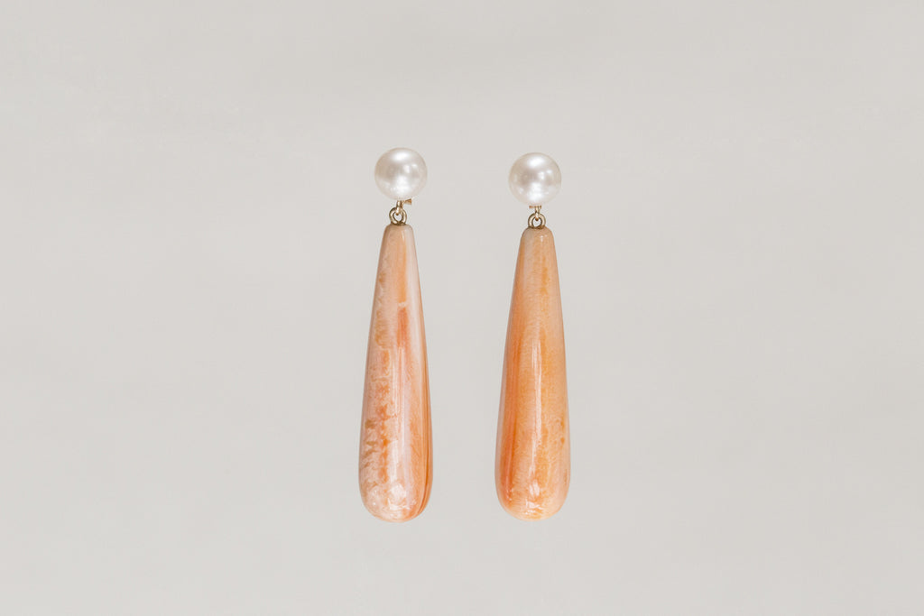 art deco inspired orange shell and freshwater pearl drop earrings