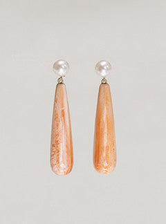 Claire van Holthe orange shell long drop, freshwater pearl and 9 carat gold modern drop earrings