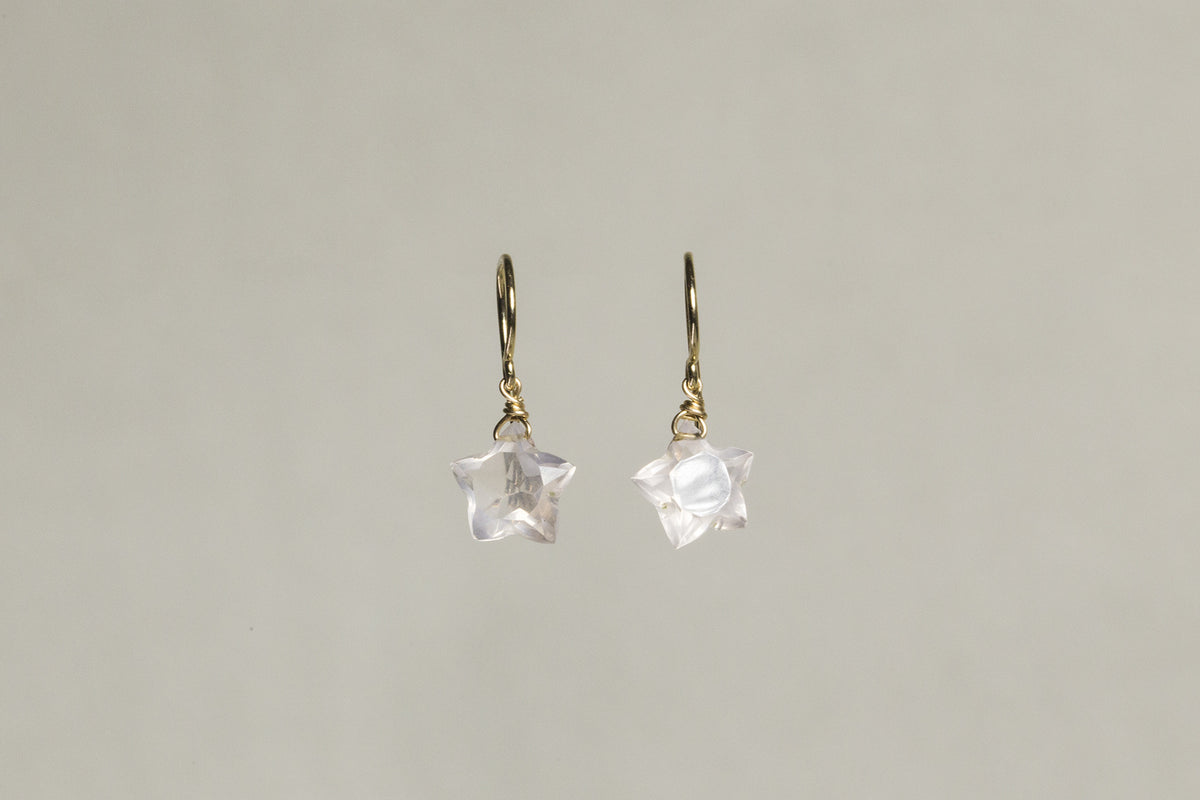 sparkly interestingly shaped rose quartz on 9 carat gold wire hooks