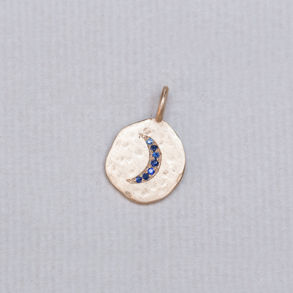 18ct Textured Gold Moon Crescent Charm with Blue Sapphire