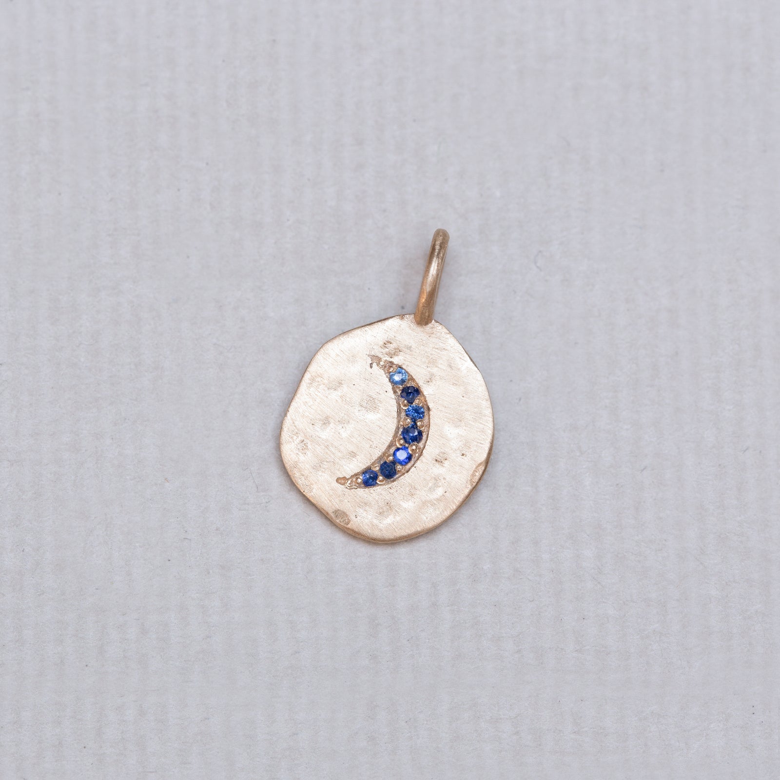 18ct Textured Gold Moon Crescent Charm with Blue Sapphire