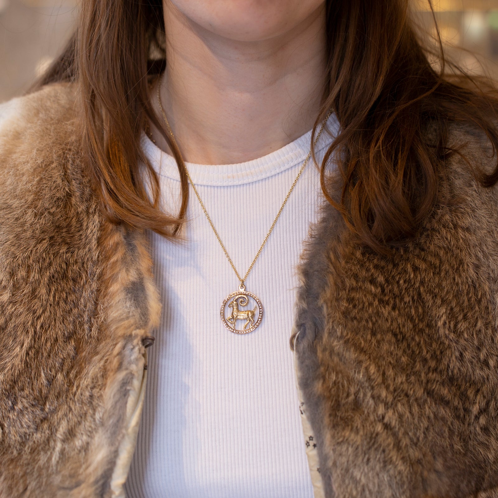 Vintage Gold Aries Pendant Charm with Diamond