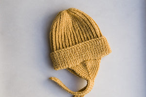 felt hand knitted 100% merino wool mulberry bonnet in mustard yellow