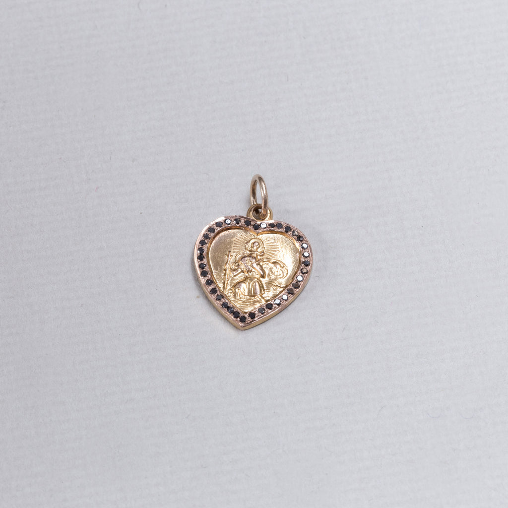 Gold Heart St. Christopher Charm Pendant with Black Diamond